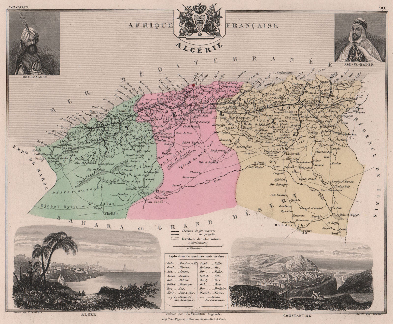 ALGERIA. 'Algérie'. Constantine. Dey d'Alger. Abd-el-Kader. VUILLEMIN 1879 map